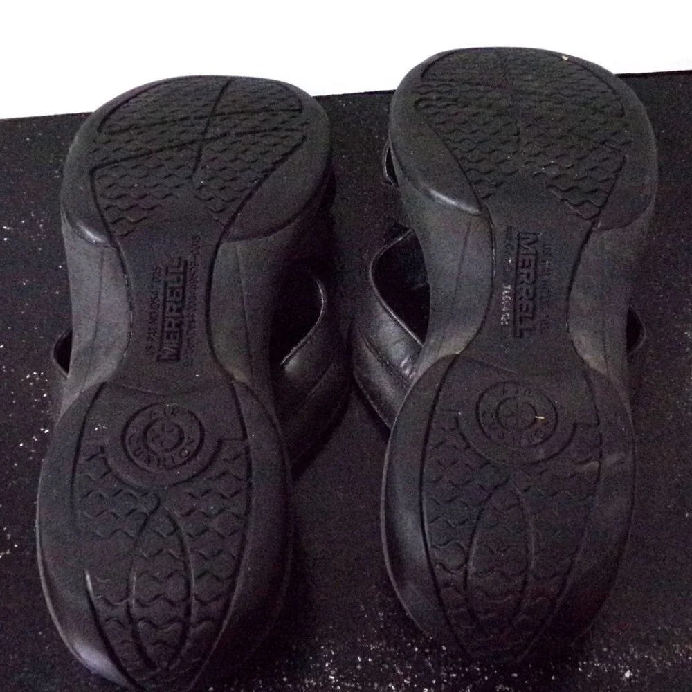 Merrell Black Sundial Spin Wedge Sandals Leather